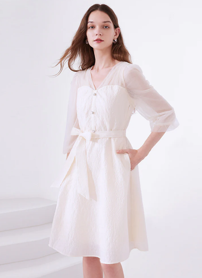 Half-Sleeve V-Neck Jacquard Midi Dress
